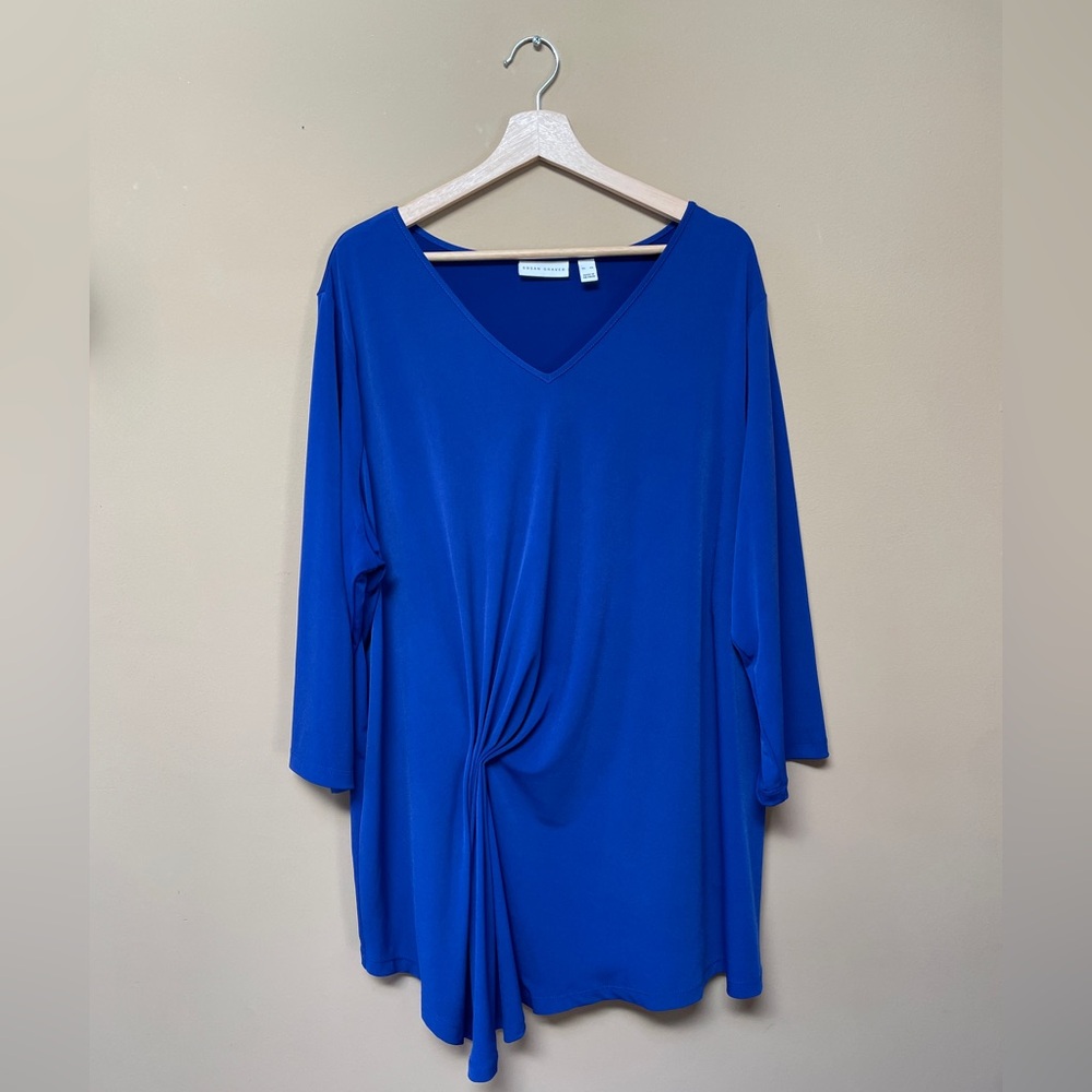 Susan Graver Liquid Knit Blouse Tunic Top 4X Stretch Gathered Ruched Blue‎ Comfy